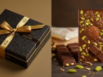 Side-by-side comparison image: on the left, authentic luxury Dubai chocolate brand gift box (Patchi style, gold and black elegant design). On the right, casual Dubai-style chocolate bar with pistachios and kadaif visible. Clear contrast in style and presentation.