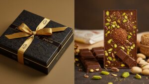 Side-by-side comparison image: on the left, authentic luxury Dubai chocolate brand gift box (Patchi style, gold and black elegant design). On the right, casual Dubai-style chocolate bar with pistachios and kadaif visible. Clear contrast in style and presentation.
