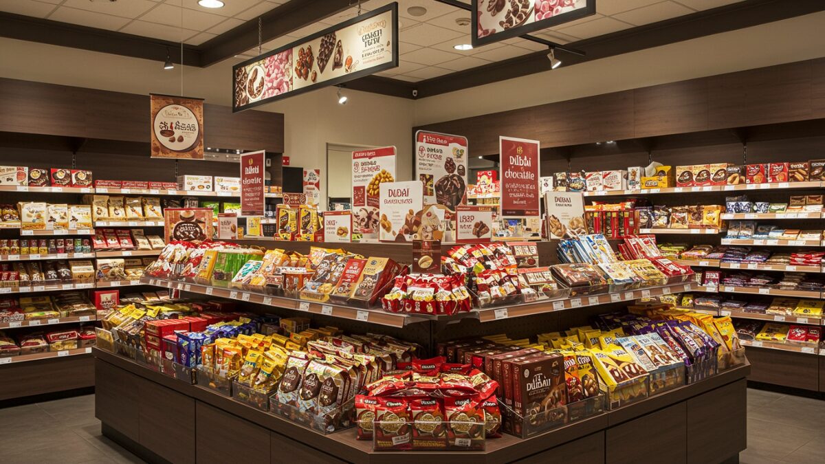 Inside a Korean-style shop in Tokyo’s Shin-Okubo district. Shelves filled with colorful imported chocolates and sweets, with Dubai chocolate products prominently displayed in the center. Bright, lively store atmosphere with promotional signs and labels.