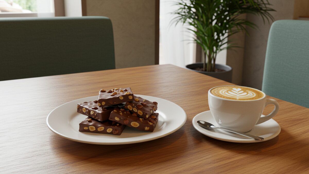 Beautiful serving of Dubai chocolate cut into pieces on a white plate, paired with a cup of coffee on a wooden table. Elegant, cozy café atmosphere with natural lighting. Designed to look Instagrammable and appetizing.”