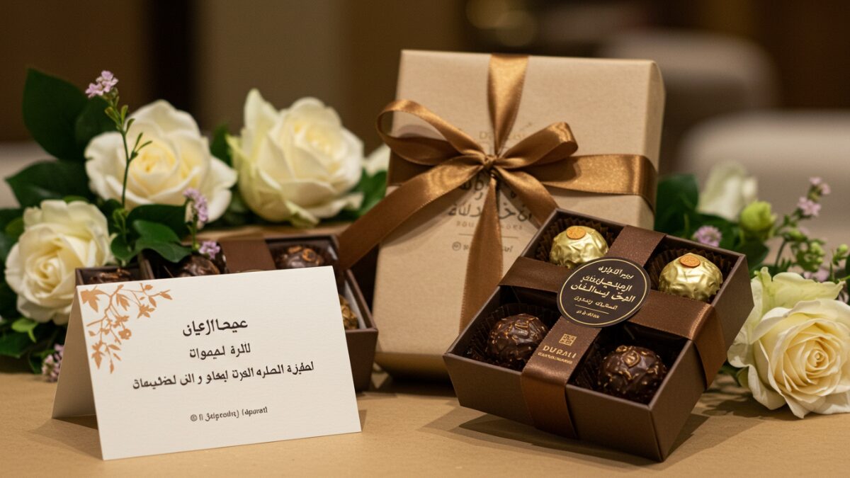 “Elegant luxury chocolate gift box inspired by Dubai brands like Patchi and Al Nassma. Black and gold color scheme, refined packaging with a ribbon, minimalistic logo design. Photographed with soft lighting on a dark background to emphasize exclusivity.”