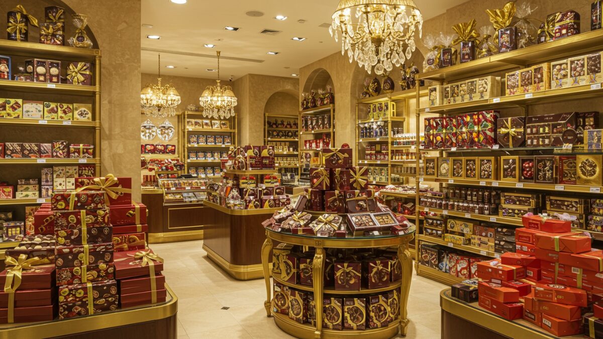 Interior of a Middle Eastern souvenir shop in Dubai, shelves filled with exotic chocolates and sweets. Dubai chocolate gift boxes stacked neatly, golden accents in the shop decor, luxurious atmosphere.”
