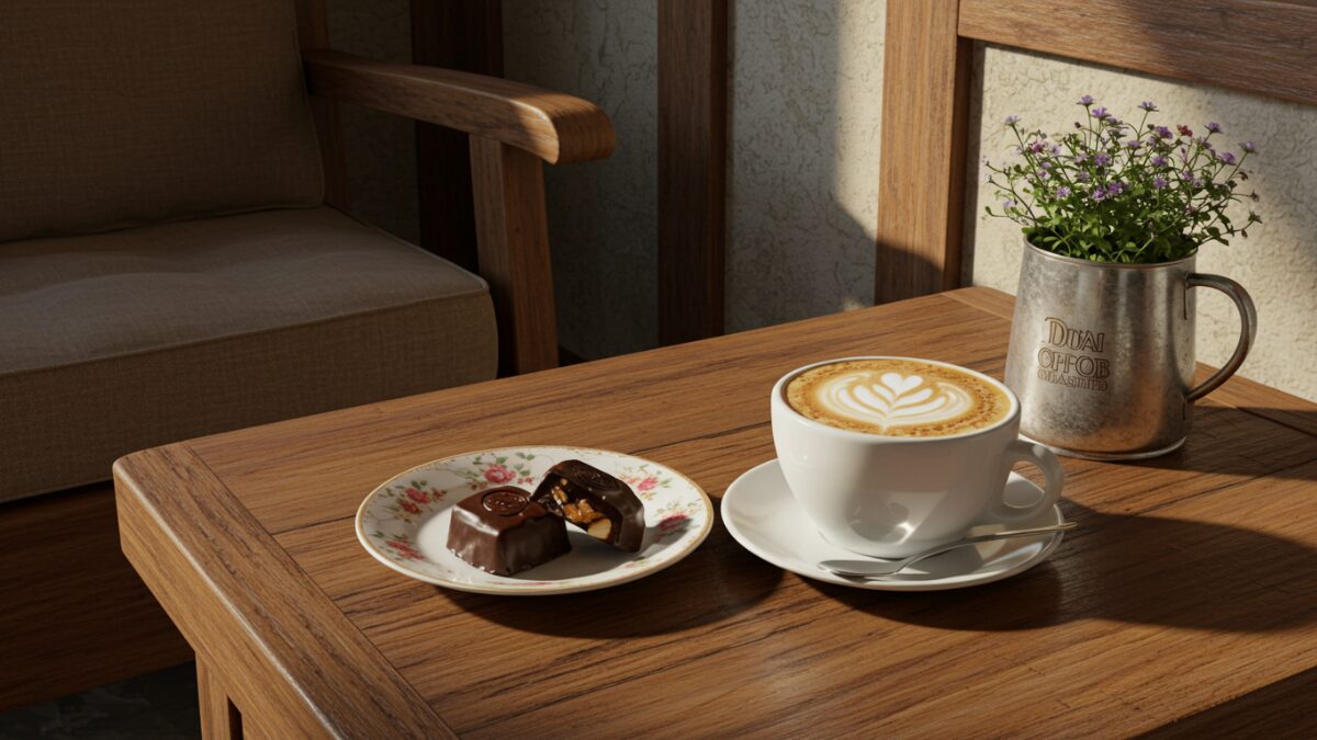 “A cozy cafe scene with Dubai chocolate served on a small plate next to a cappuccino. Wooden table, rustic decor, soft natural lighting. Perfect for Instagram-worthy lifestyle photography.”