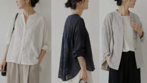 白やネイビー、グレーを基調にした大人女性の上品カジュアルコーデを3パターン並べた比較画像白やネイビー、グレーを基調にした大人女性の上品カジュアルコーデを3パターン並べた比較画像