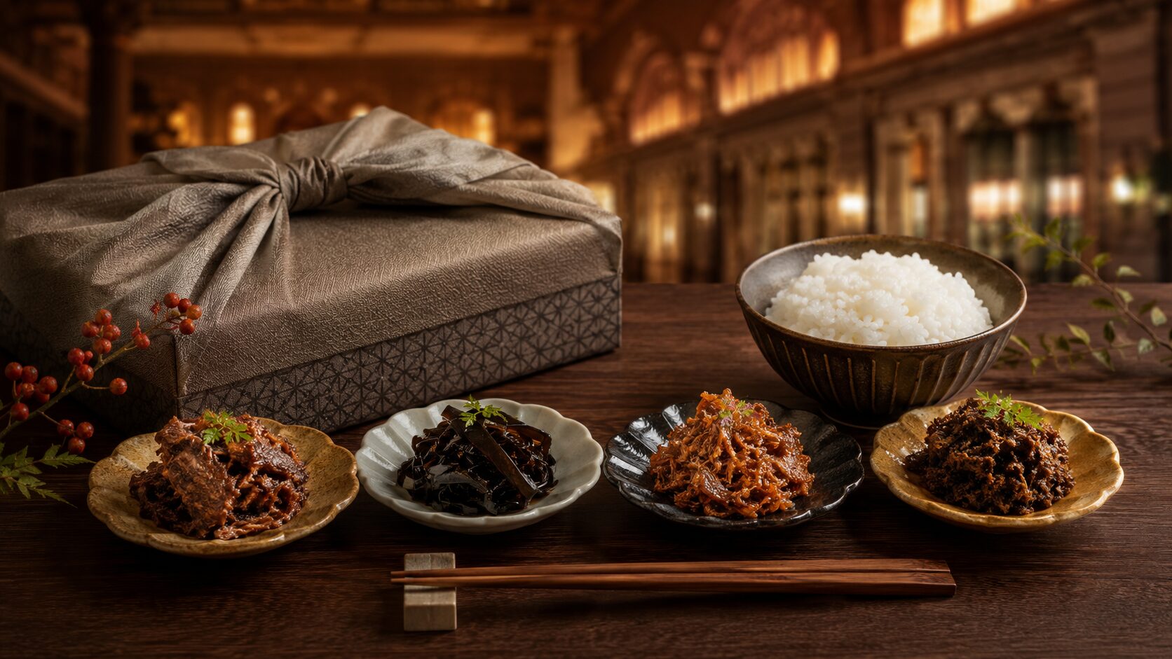 東京駅の甘くないお土産におすすめの佃煮ギフトを、牛肉佃煮や昆布佃煮、しぐれ煮と白ご飯で表現した写真