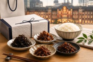 東京駅で買える甘くない佃煮お土産をイメージした、ギフト箱と手土産袋、白ご飯、複数の佃煮小鉢を並べた写真