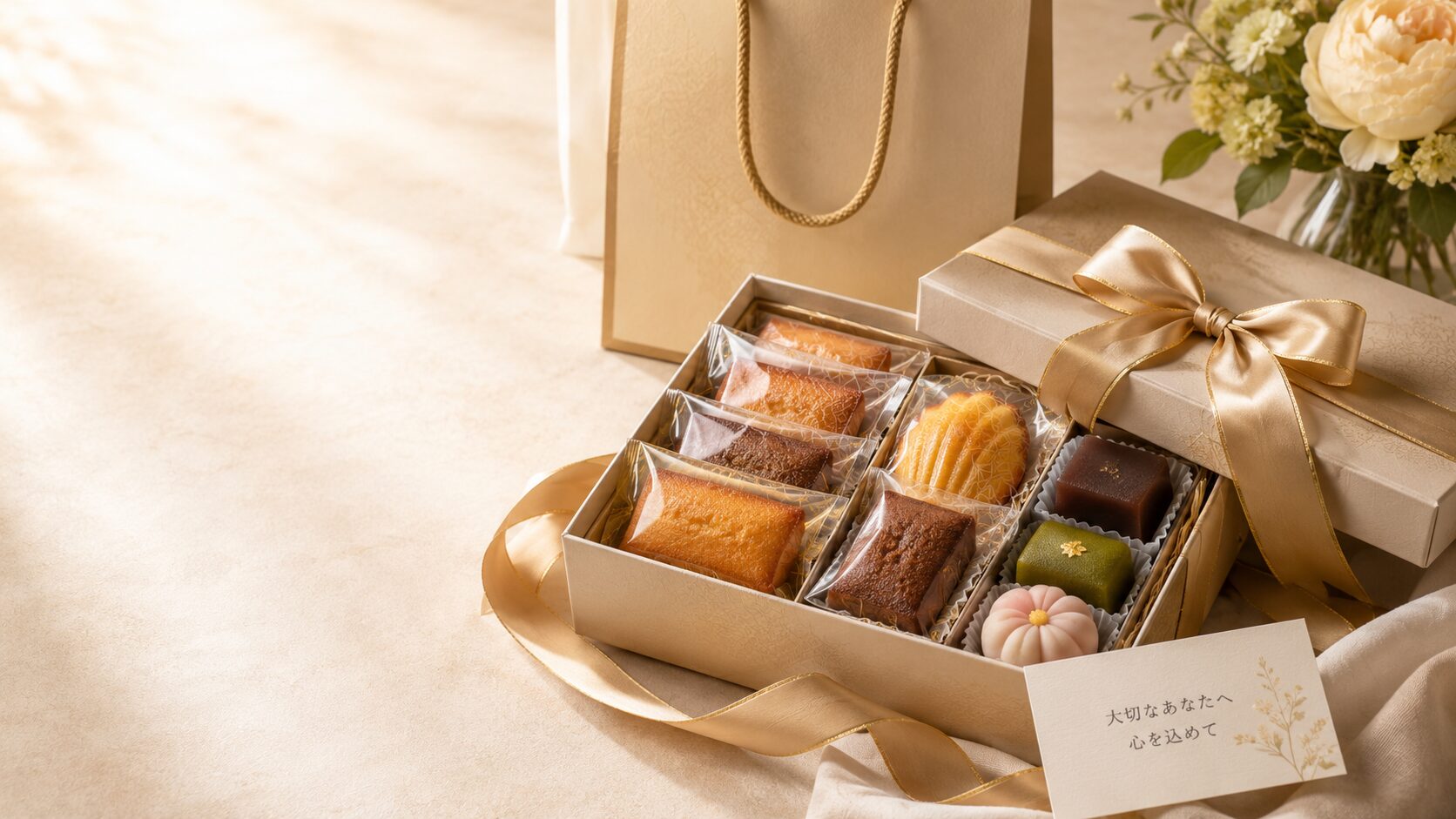 大切な人へ贈る高級お菓子ギフトの完成イメージ。上品にラッピングされたギフトボックス、リボン、メッセージカード、紙袋が並び、箱の中には個包装の焼き菓子や高級和菓子が少し見えている。温かみのある自然光、ベージュとゴールドの上品な配色、ギフト記事のまとめに合う横長画像。