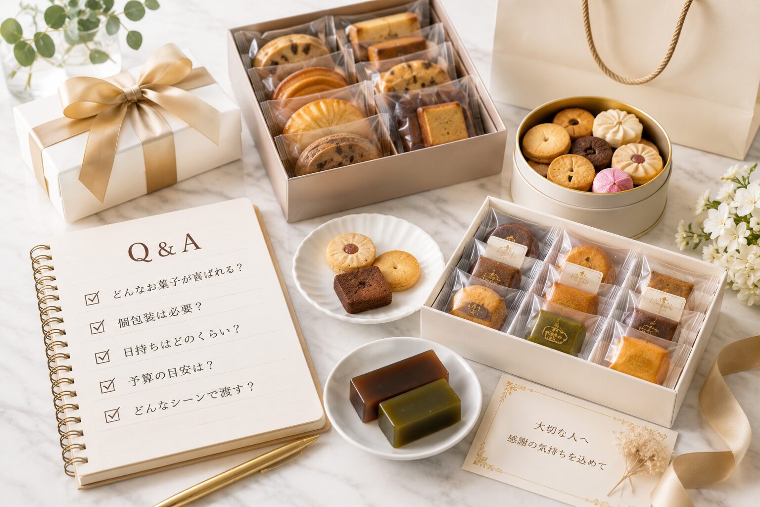 おかしBOX の横にQ&Aのノートが置かれている画像
