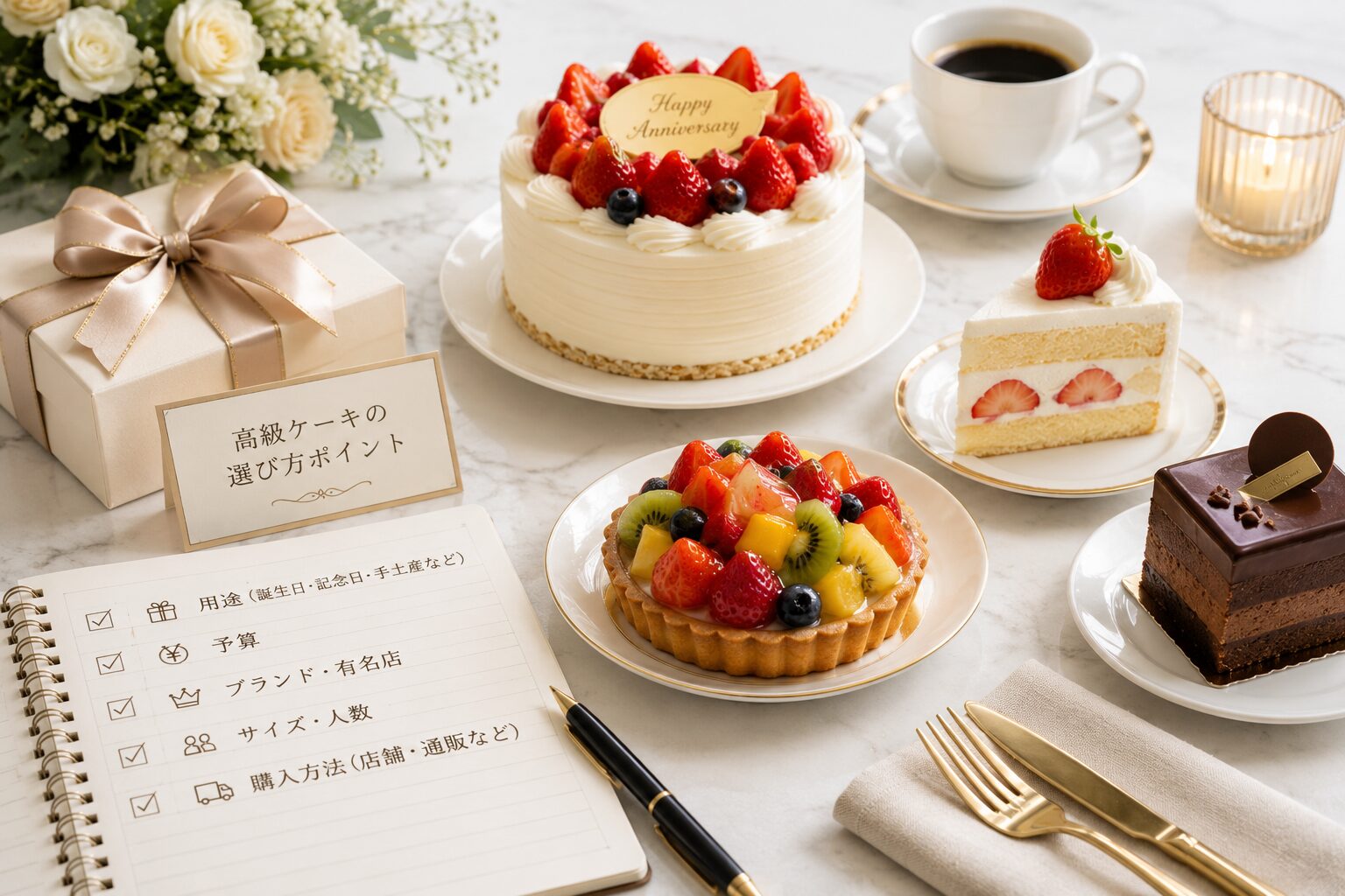 高級ケーキの選び方をイメージした上品な写真風画像。白とベージュを基調にした明るいテーブルの上に、美しいホールケーキ、カットケーキ、ギフトボックス、メニューカード、フォークを配置。誕生日、記念日、手土産、ギフトなど用途を比較して選ぶ雰囲気。高級感、清潔感、やわらかい自然光、SEO記事の見出し画像向け、横長、文字なし。
