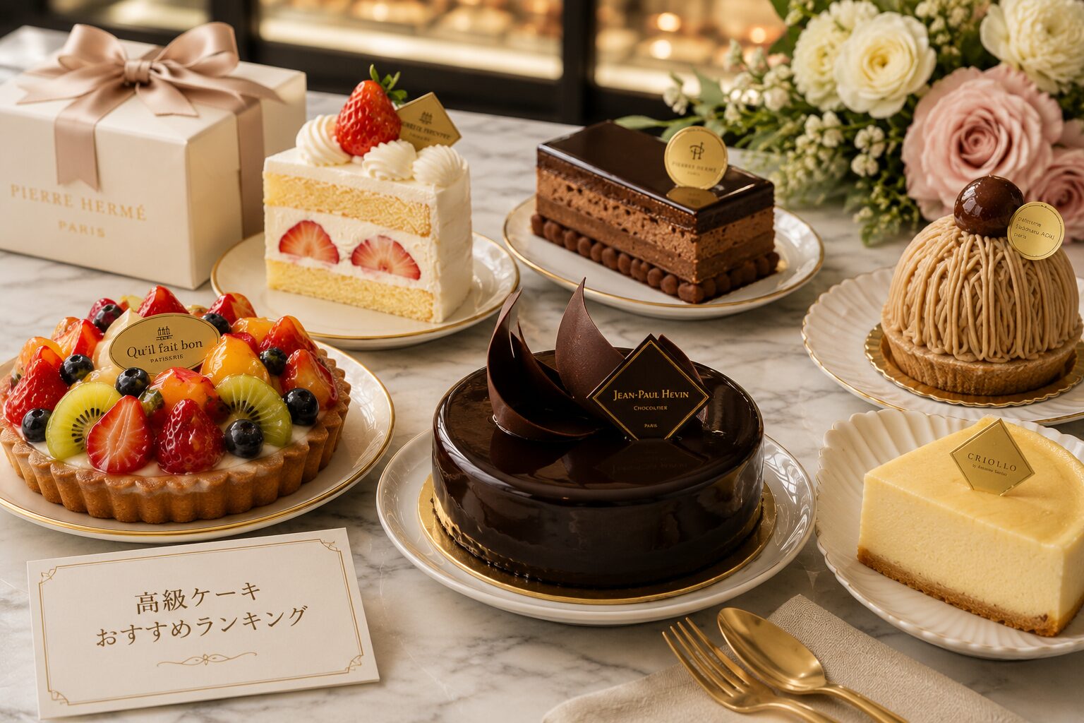 高級ケーキを購入する前の注意点をイメージした写真風画像。上品なテーブルの上に、美しいケーキ、チェックリスト、予約カレンダー、ギフトカード、配送用の高級感ある箱、リボンを配置。配送日、賞味期限、予約、ギフト対応を確認する雰囲気。清潔感、高級感、実用的でわかりやすい構図、SEO記事のFAQ見出し画像向け、横長、文字なし。