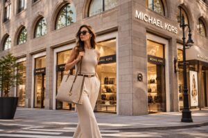マイケル・コース風の高級感ある店舗前を、ベージュ系のきれいめコーデを着た女性がバッグを持って歩く都会的なファッションビジュアル。