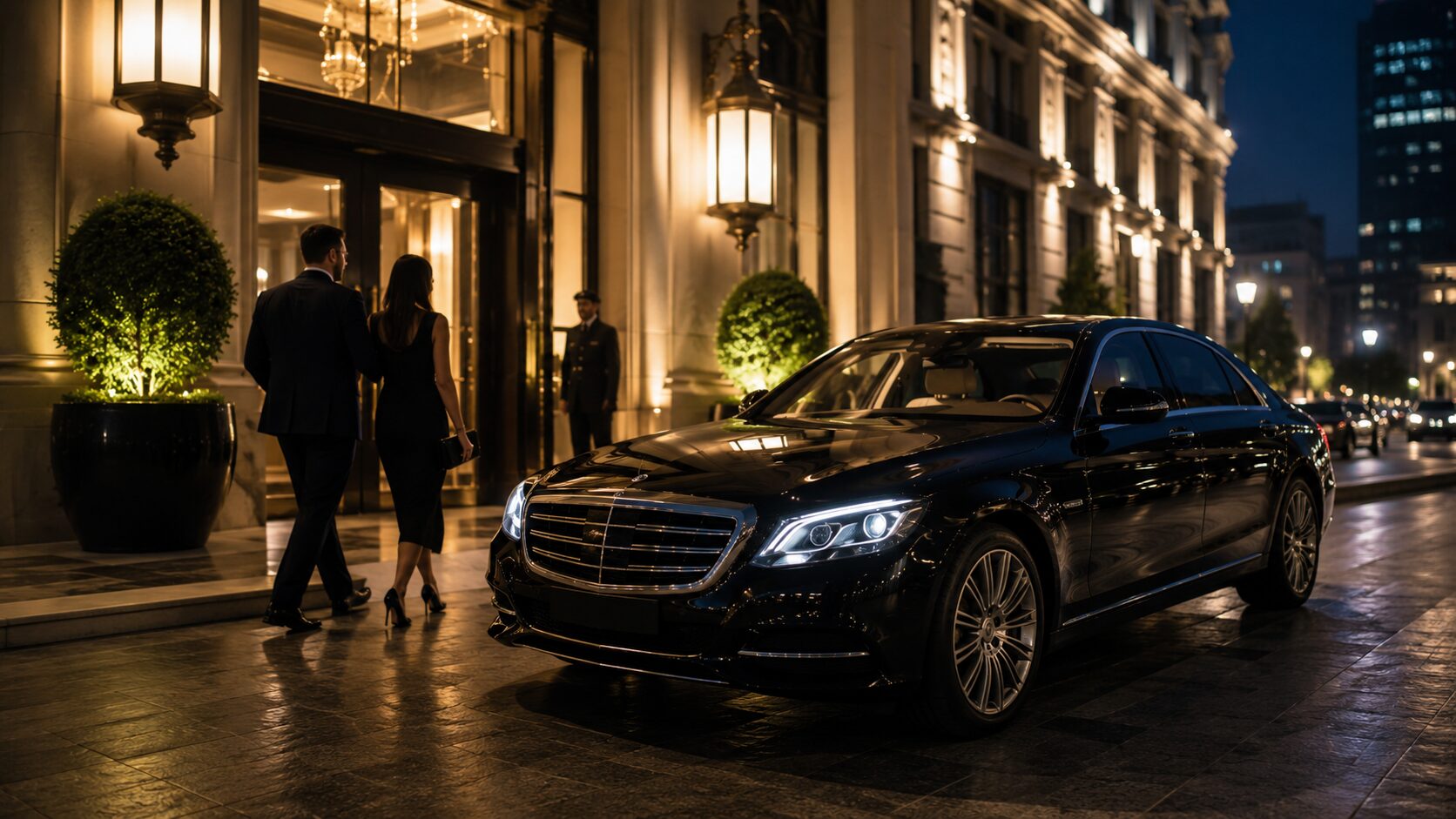 東京の高級ホテル前に停まる白い高級スポーツカー、夜景、上品でラグジュアリーな雰囲気、デートや記念日を連想させる自然なシーン