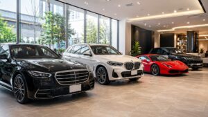 高級車レンタカーの比較をイメージした写真、ショールームに並ぶ複数の高級車、黒い高級セダン、白いSUV、赤いスポーツカー、清潔で高級感のある空間、広告写真風