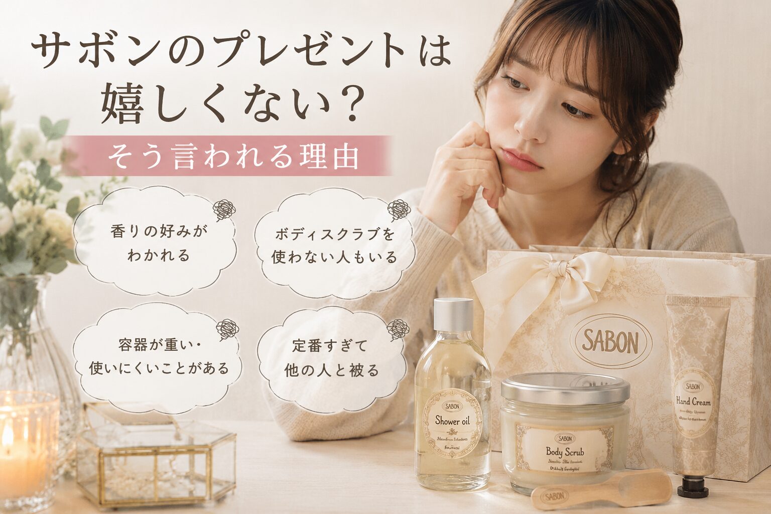 サボンのプレゼントが嬉しくないか悩む女性とボディケアギフト　アイキャッチ用