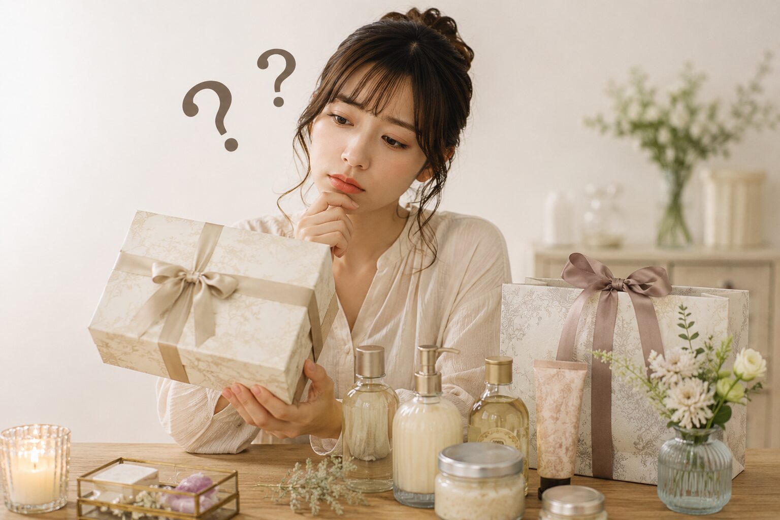 サボンのプレゼントに関する疑問を確認しながらギフトを選ぶ女性