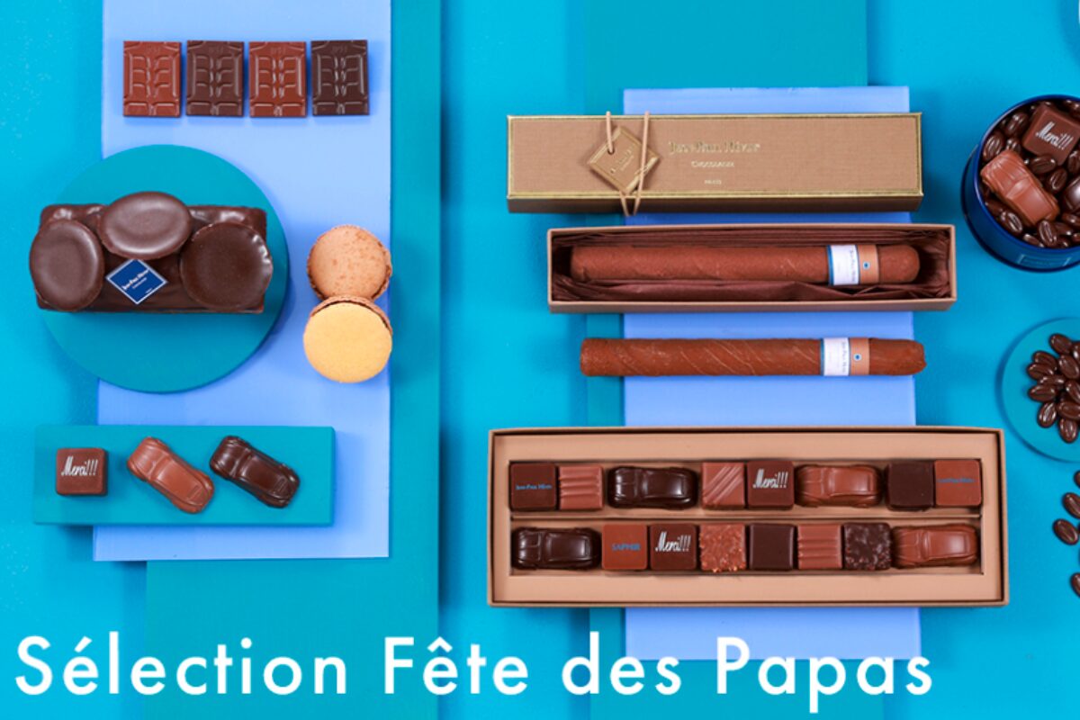 ジャン=ポール・エヴァンのお菓子が青いテーブルに並べられている様子